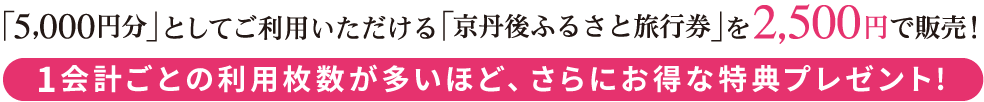 「5,000円分」としてご利用いただける「京丹後ふるさと旅行券」を2,500円で販売！1会計ごとの利用枚数が多いほど、さらにお得な特典プレゼント！